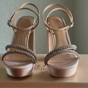 Jewel Badgley Mischa Champagne color platform sandals.